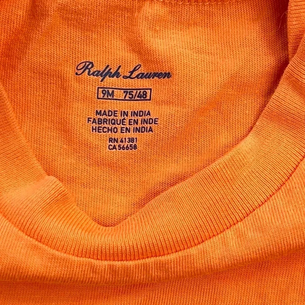 EUC Ralph Lauren Orange Cotton Short Sleeve T-Shirt Baby Boys 9M Snap Shoulder